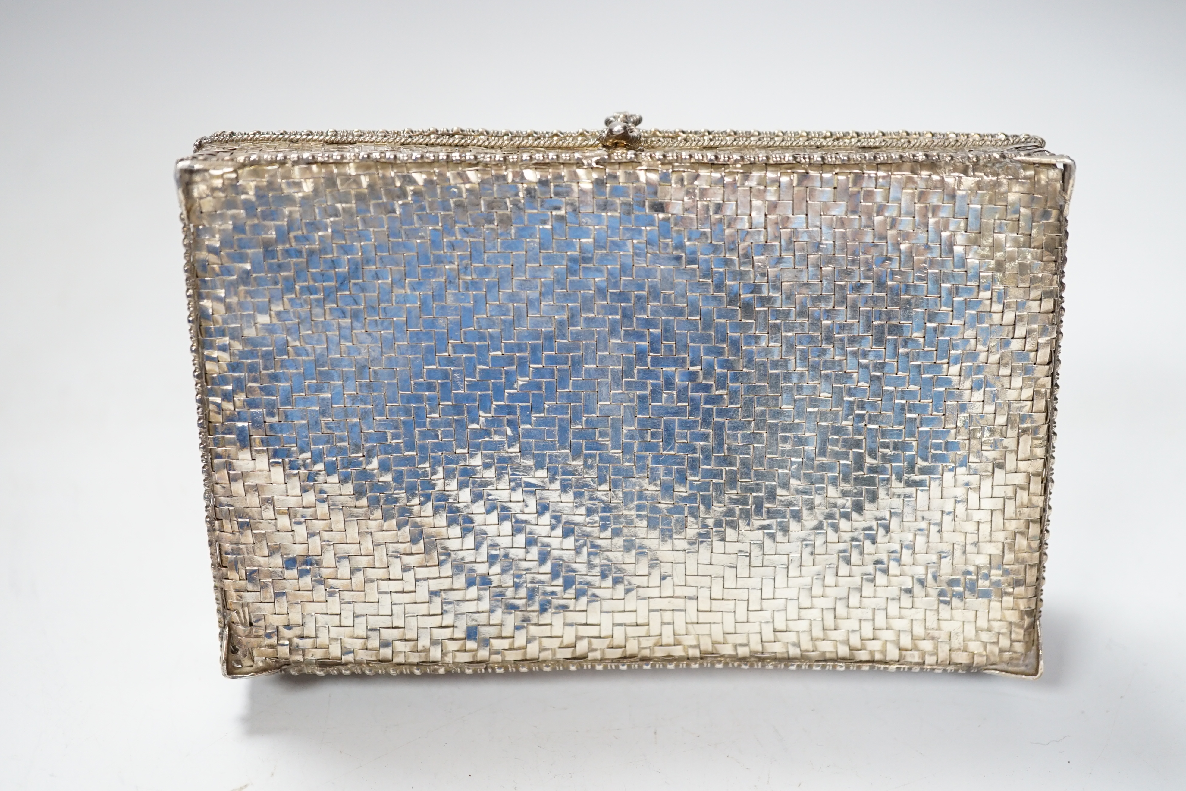 An Asian woven white metal casket, 12.5cm